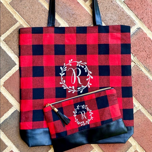 Handbags - Monogram red and black check tote or purse & pouch